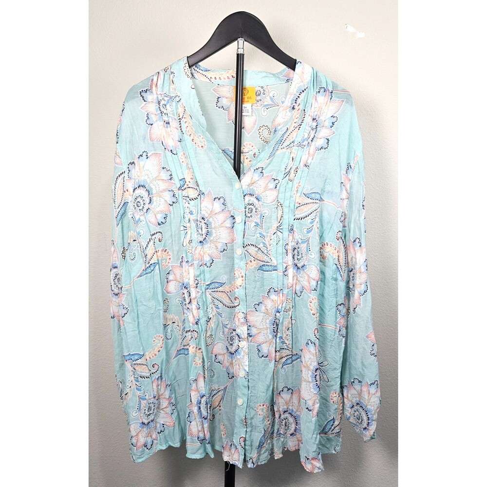 Ruby Rd Woman 3X Aqua Floral Blouse Paisley Button Front Long Sleeve Plus Size